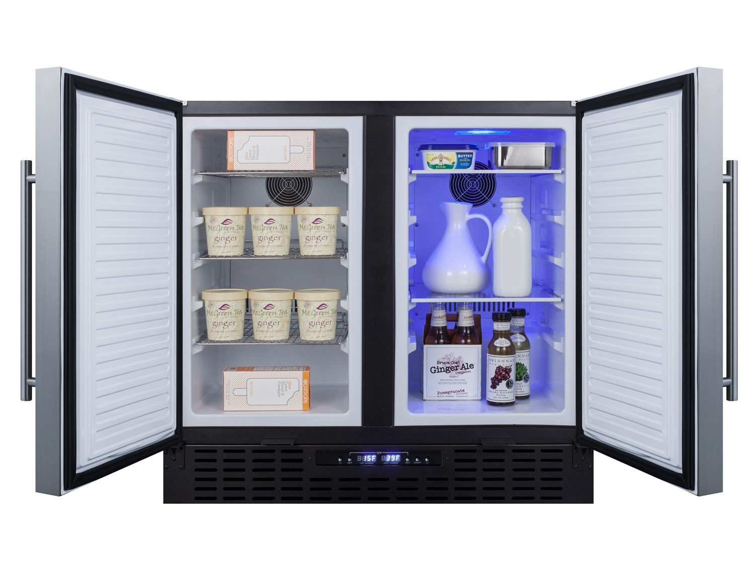 Commercially approved, frost-free, side-by-side refrigerator-freezer for built-in or freestanding use with two stainless steel doors, black cabinet, front-placed digital controls, and front locks